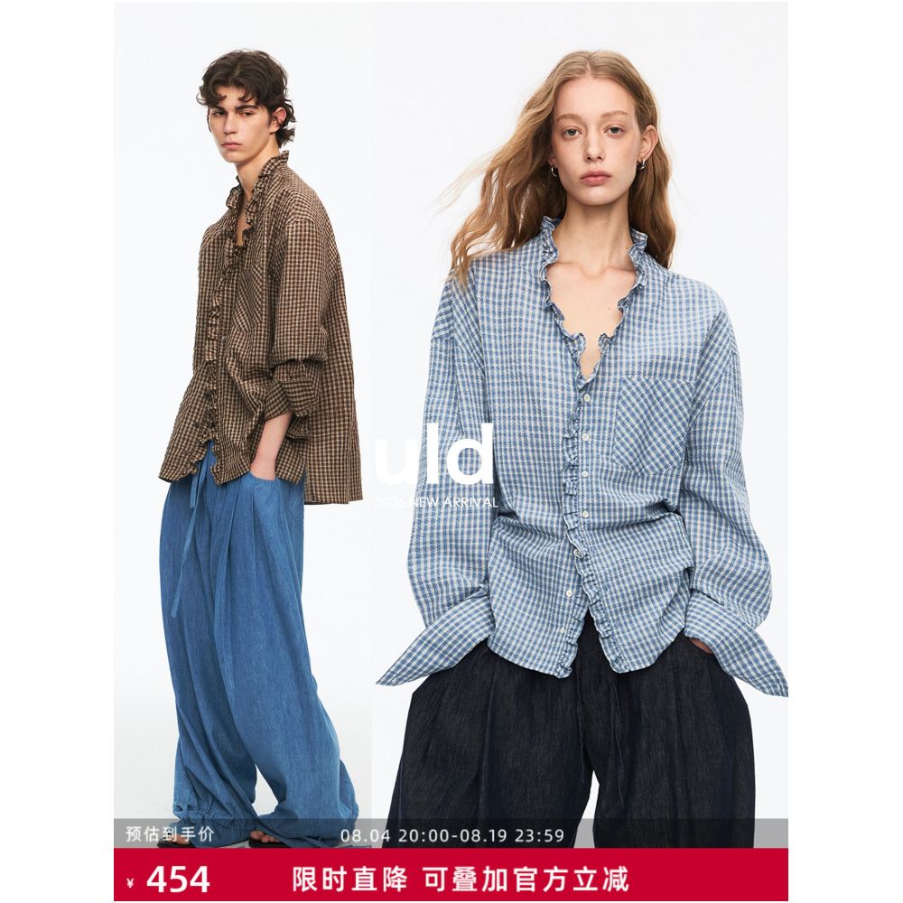 ULD 90s Edwardian Collar Retro Salt Textured Textured Sea Salt Color Dyed Plaid High End Design Shirt image 0