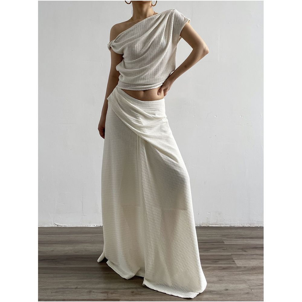 Acupstudio Jiang Youshang Hot Girl Off Shoulder Textured Short Sleeve T Shirt and Asymmetrical Long Skirt Set image 0
