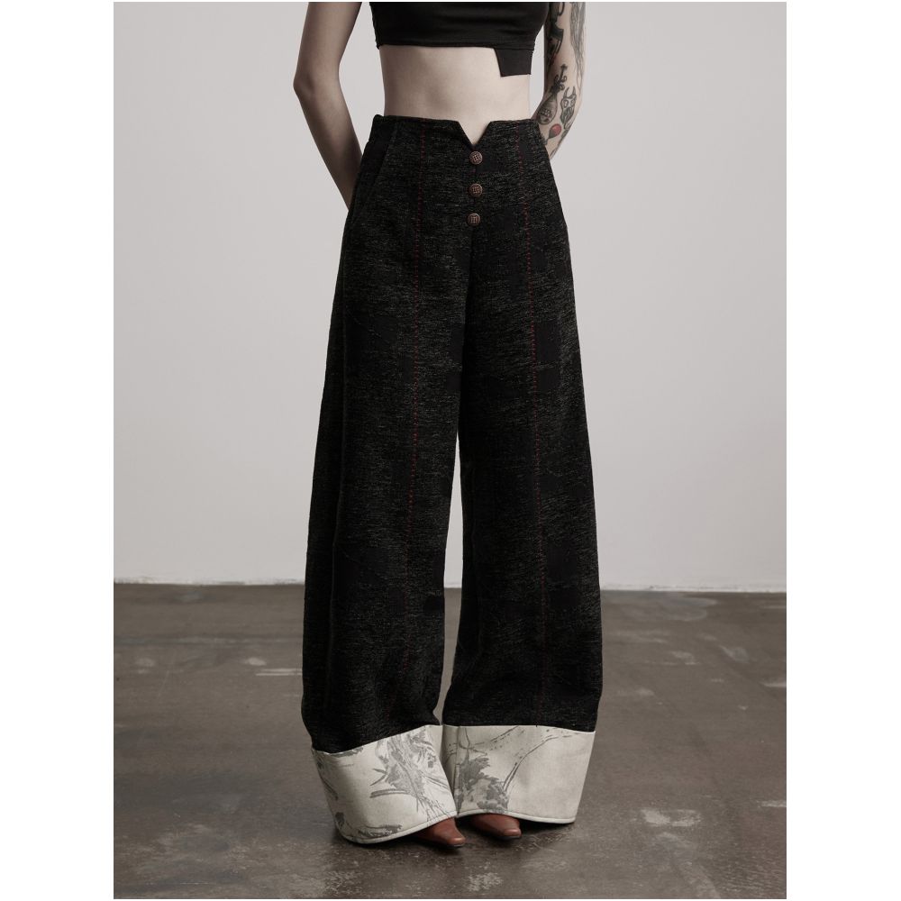 INDULGE Amber Wool Semi Elastic Embroidered Appliqu Rolled Hem Curved Straight Leg Casual Wide Leg Trousers for Women image 2