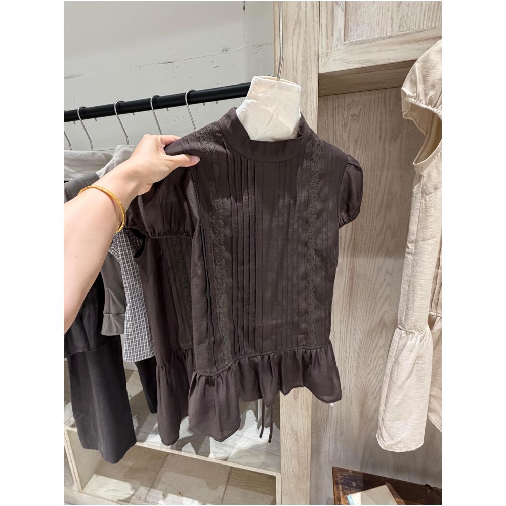 STUDIO s New Year s Greeting Coffee Brown High Neck Lace Puff Sleeve Blouse for Women with a Retro and High End Feel and Pleated Design image 3