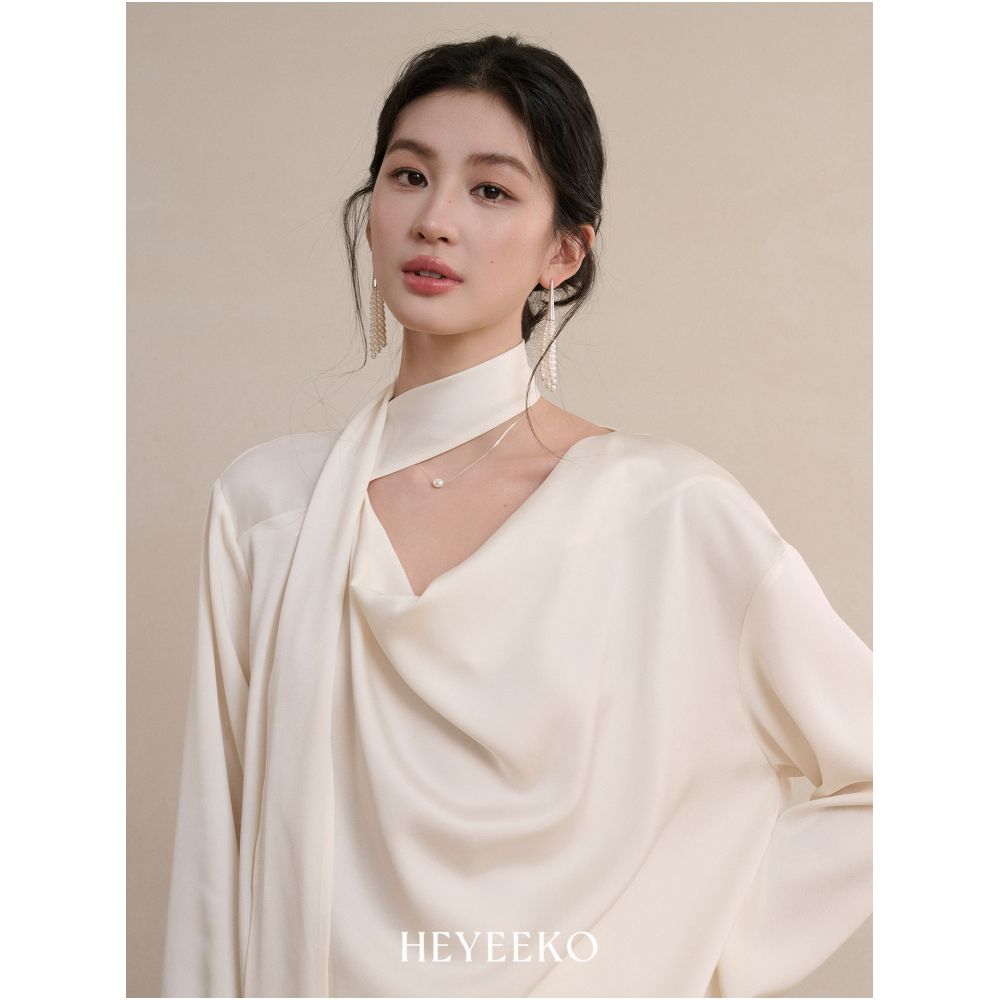 ASAYA7623 – Ivory Scarf-Drape Blouse 🤍✨