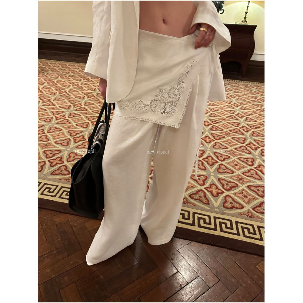0122stepll Old Money Suit Linen Suit Set for Women White Wide Shoulder Jacket and Casual Trousers Three Piece Set image 3