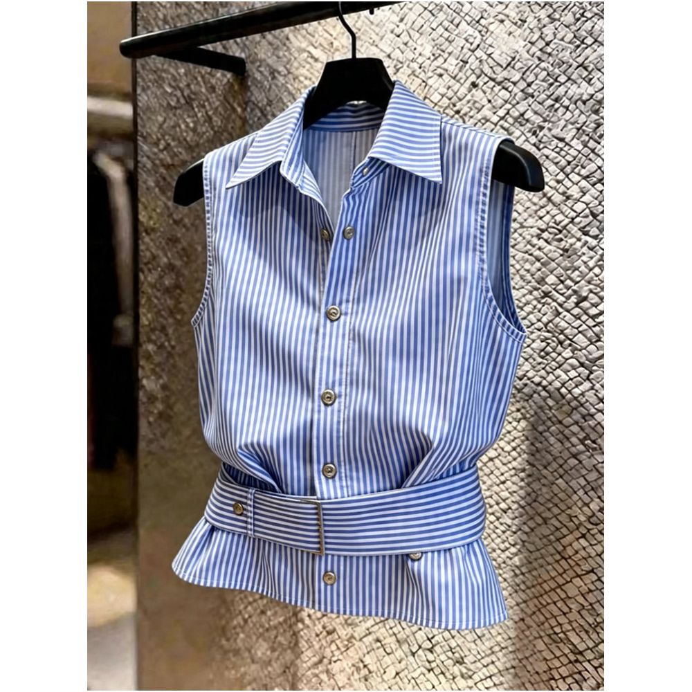 Summer 2026 New Fashionable Casual Super Beautiful High End Design Loose Blue Striped Sleeveless Shirt image 0