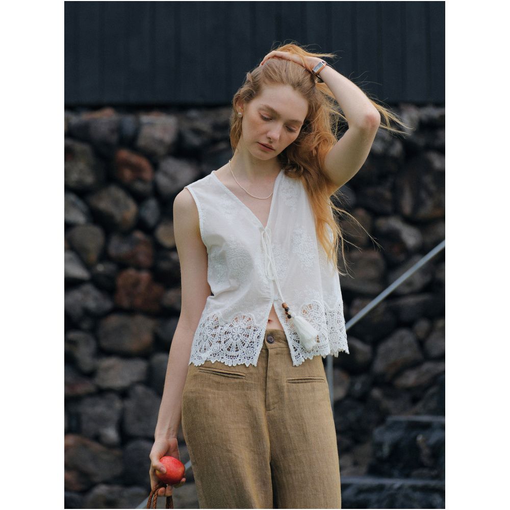 Clean Sense Floral Embroidery Tassel Beaded Tie Waist Sleeveless Top Perfect for Summer Cooling Outfits image 0