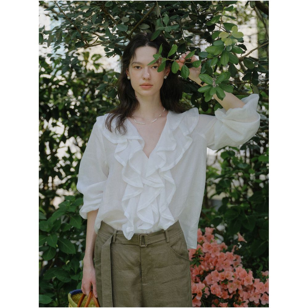 Clean Sense 100 Ramie V neck Ruffle Layered Sun Protection Shirt Linen V neck Lace Blouse image 0