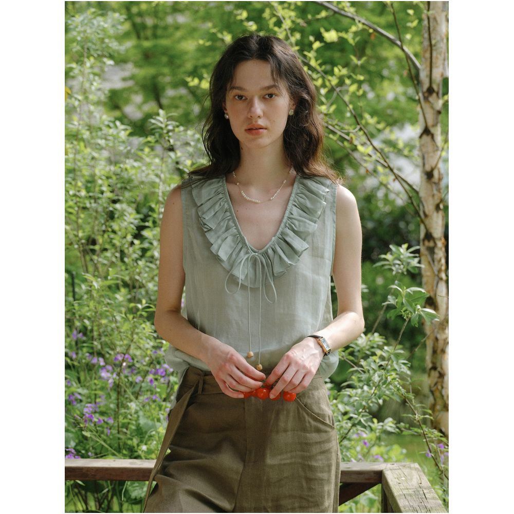 Clean Sense 100 Ramie Pleated Ruffled V Neck Tie Wear Sleeveless Top Perfect for Summer Cooling Outfits image 1