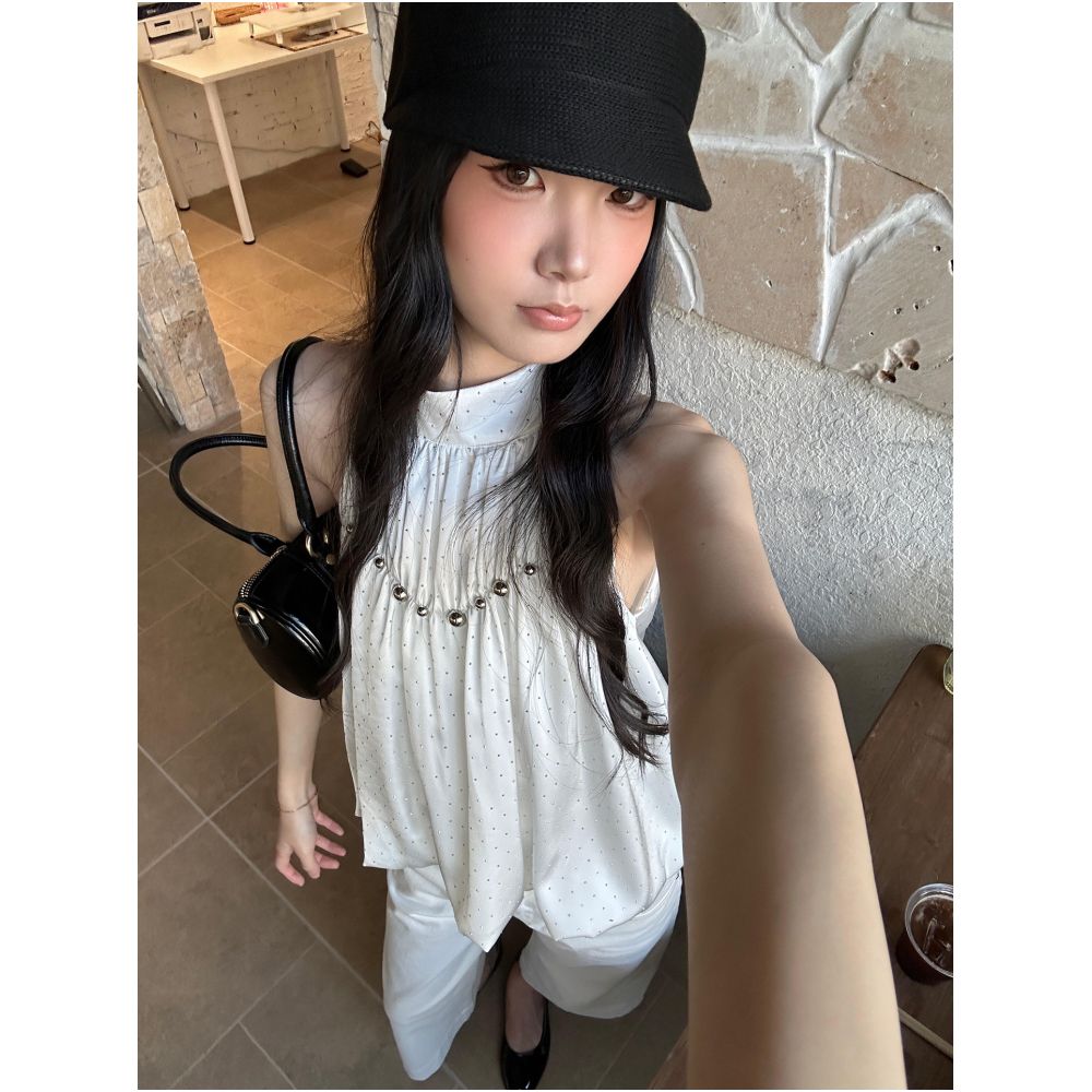 Turn up Chen Tuier Moon s Fleeting Glitter Metallic Beaded Sweatshirt Sleeveless Halter Neck Flower Bud Top image 0