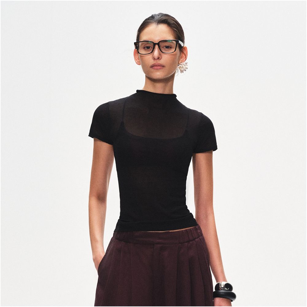 ASAYA7809 – Sheer Whisper Mock-Neck Tee 🖤🩶