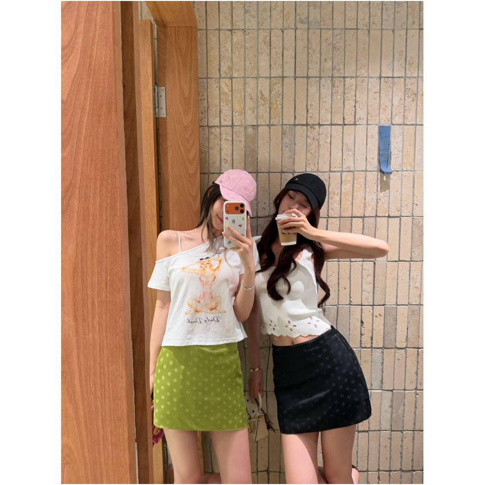 DailyDash s Youthful Kiss Summer Mini Air Conditioner Satin Glossy Polka Dot A line Skirt image 3
