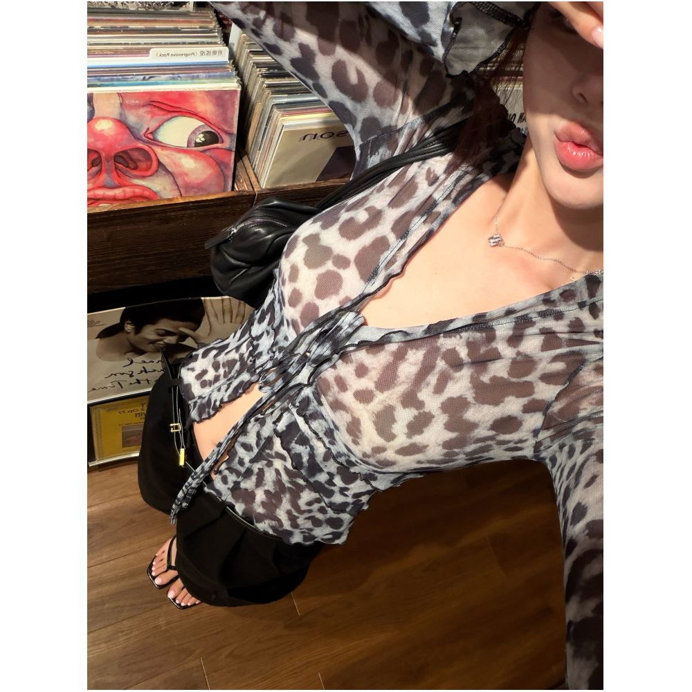 DailyDash s Leopard Aesthetics captivating onion lightweight sheer mesh tie front leopard print shirt V neck top image 0