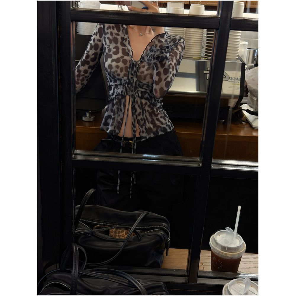 DailyDash s Leopard Aesthetics captivating onion lightweight sheer mesh tie front leopard print shirt V neck top image 2