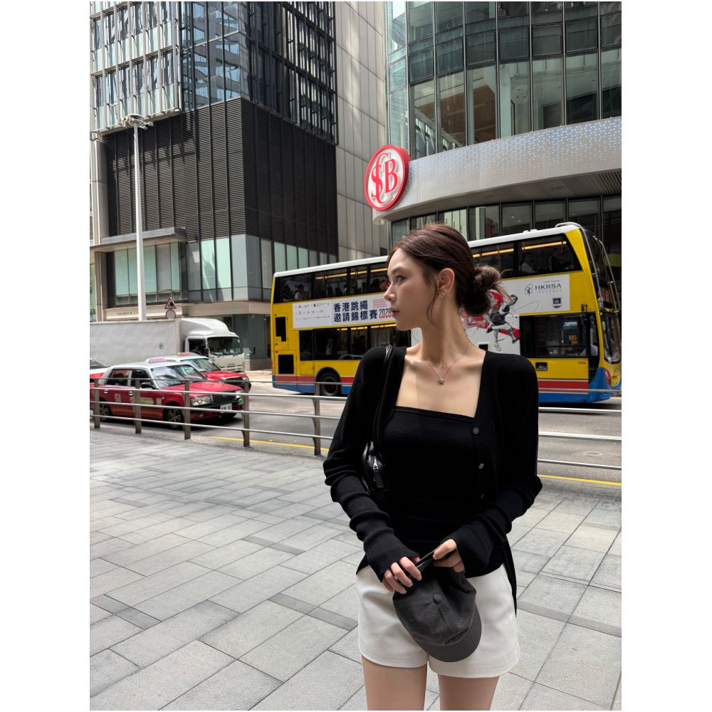 DailyDash s Row Style Aesthetics Minimalist Chic Black Oatmeal Knit Bandeau Top Outerwear Set image 1