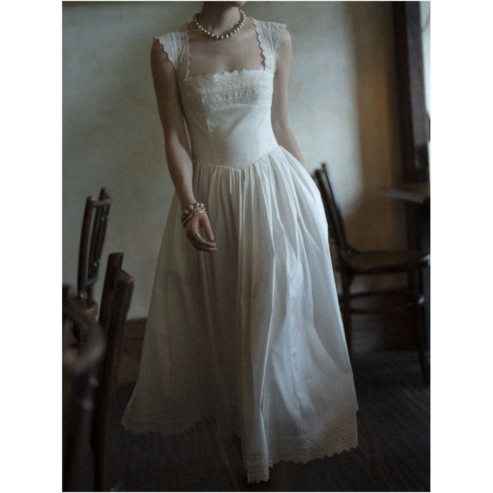 Texture Si custom made ins lace trim heavy duty French square neckline elegant pastoral style fitted waist dress image 0