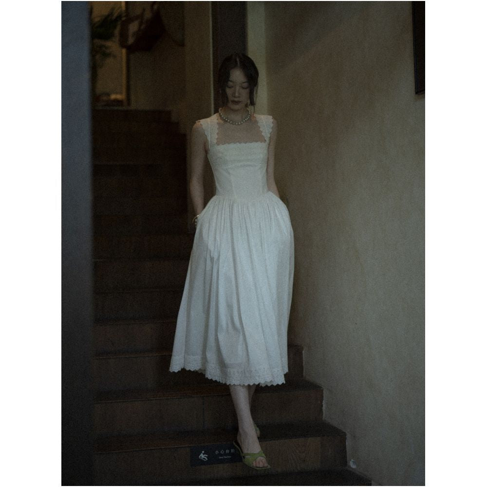 Texture Si custom made ins lace trim heavy duty French square neckline elegant pastoral style fitted waist dress image 1