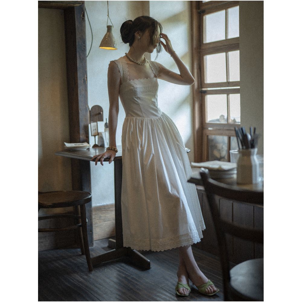 Texture Si custom made ins lace trim heavy duty French square neckline elegant pastoral style fitted waist dress image 4