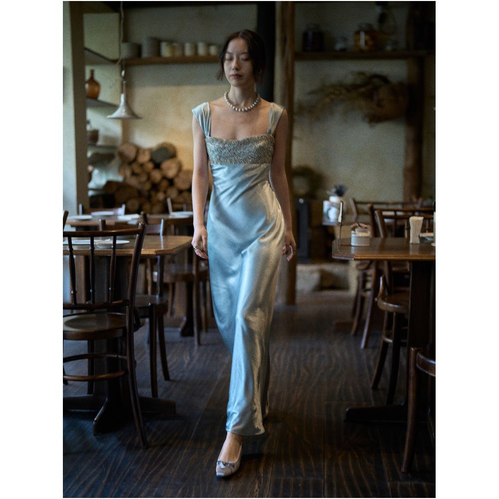 Texture Si Handcrafted Diamond Beaded Radiant Satin Slim Fit Elegant Vacation Party Dress image 3