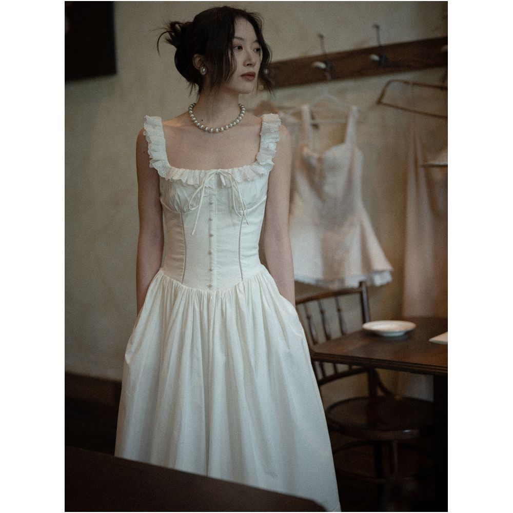 Texture Si Custom Elegant Slim Fit French Square Neck Lace Trim Dress with Full Skirt image 3