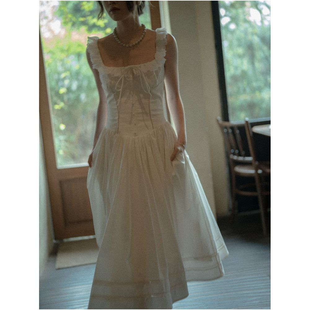 Texture Si Custom Elegant Slim Fit French Square Neck Lace Trim Dress with Full Skirt image 4