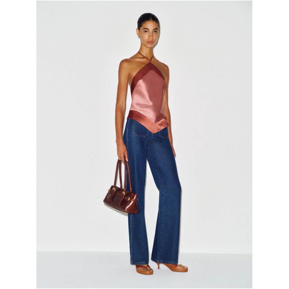 dissh niche design satin patchwork halter neck backless top sexy slim fit sleeveless camisole with elegant style image 1