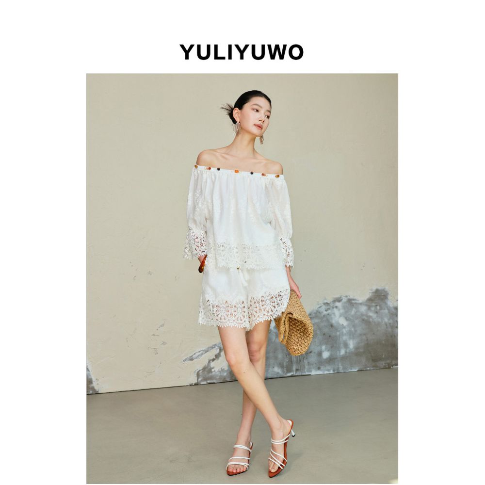 With Me Perfect Holiday Summer New Hollow out Embroidered Off the Shoulder Shirt and Shorts Set for Women image 1