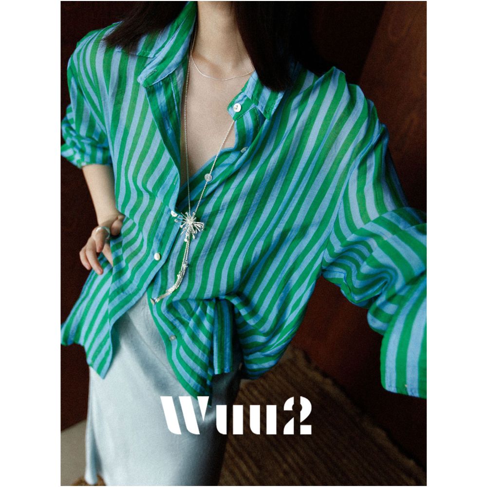 ASAYA7878 – Emerald Sky Striped Relaxed Shirt 💚🩵
