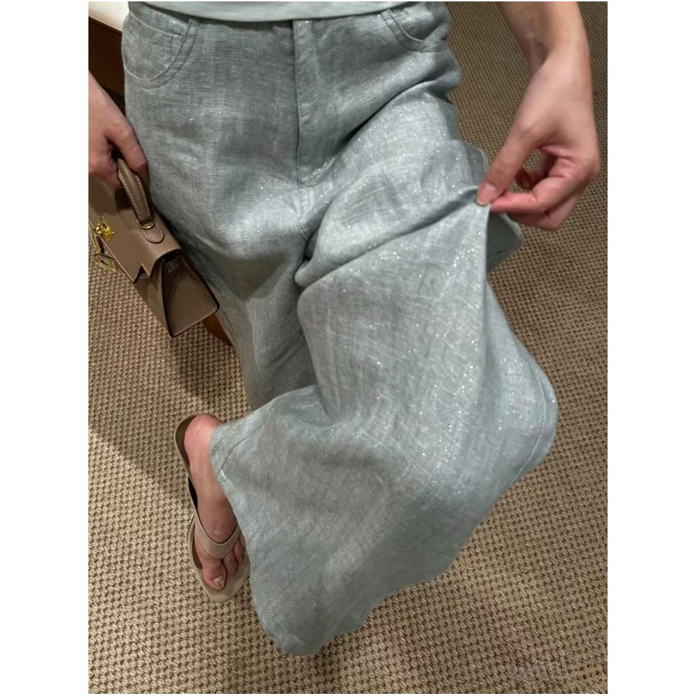 High end shimmering linen wide leg pants for women summer style thin plus size loose fit slimming classic style casual straight leg pants image 0