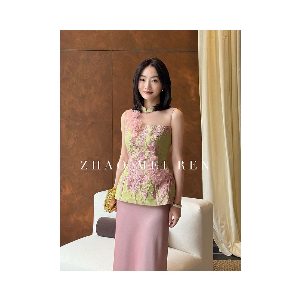 Meiren Peach Blossom Patchwork Floral Vest Top for Women Unique and Beautiful New Chinese Style Layered and Elegant image 2