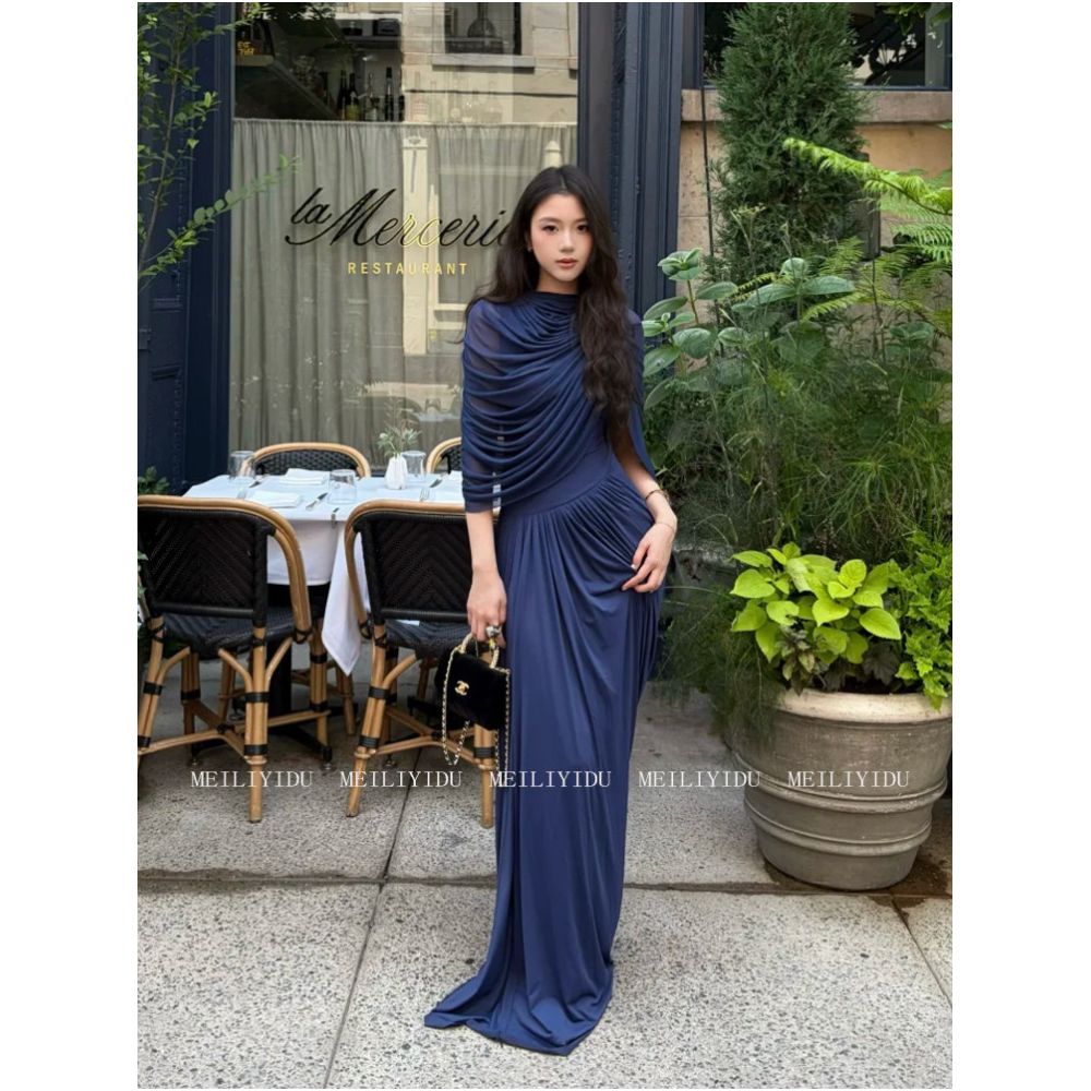 MLYD Custom Plus Size Elegant Navy Blue Asymmetrical Shawl Dress Unique Design Long Gown image 0