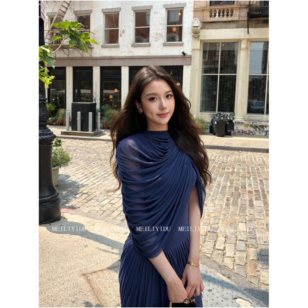 MLYD Custom Plus Size Elegant Navy Blue Asymmetrical Shawl Dress Unique Design Long Gown image 2