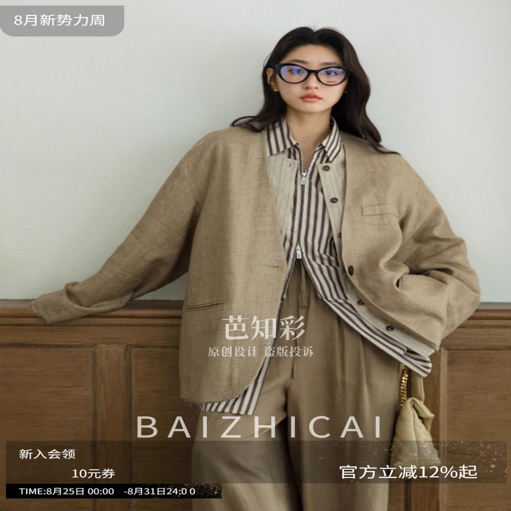 Elegant and relaxed wandering feeling 100 linen suit original old money style fake two piece workwear cotton linen jacket for women 315 image 0