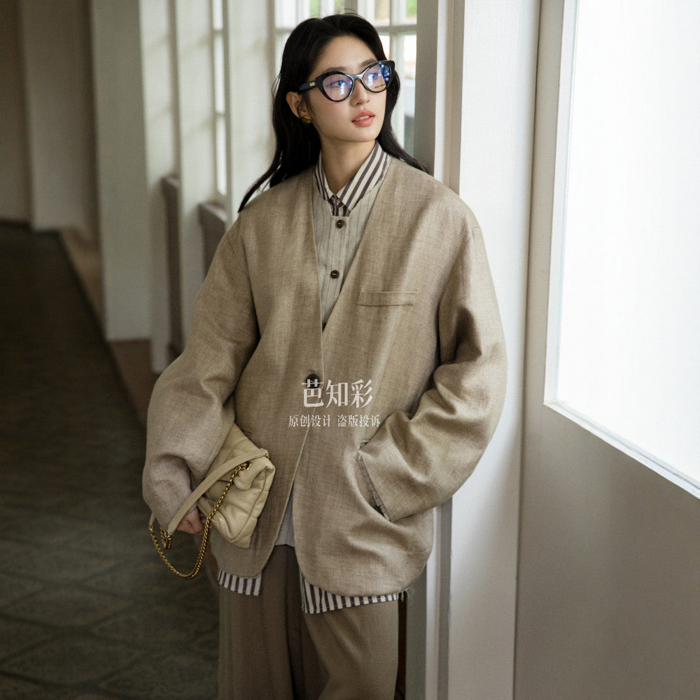 Elegant and relaxed wandering feeling 100 linen suit original old money style fake two piece workwear cotton linen jacket for women 315 image 6