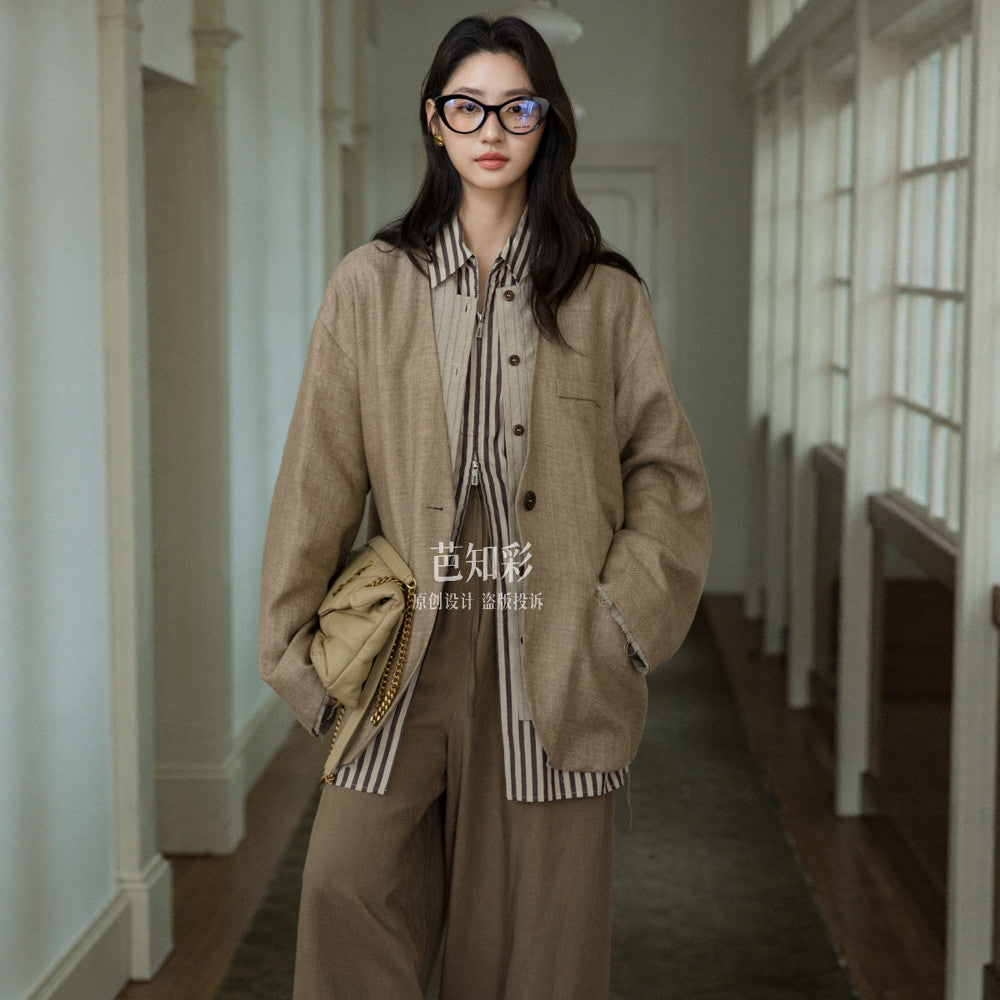 Elegant and relaxed wandering feeling 100 linen suit original old money style fake two piece workwear cotton linen jacket for women 315 image 15