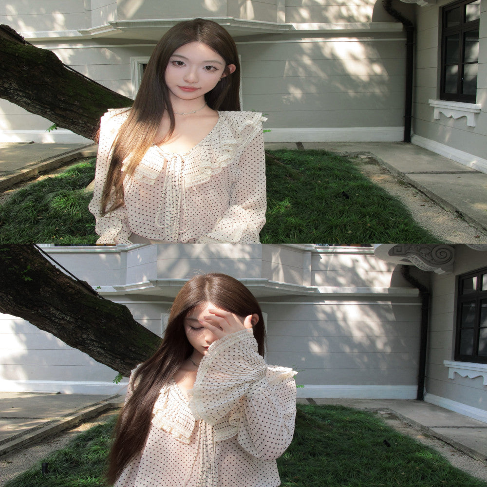 Limited stock CHICYOU polka dot long sleeved V neck shirt lotus leaf lace collar bow chiffon shirt image 2