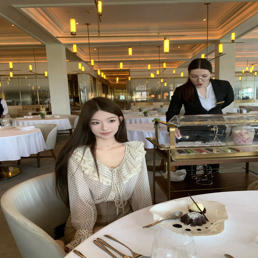 Limited stock CHICYOU polka dot long sleeved V neck shirt lotus leaf lace collar bow chiffon shirt image 4