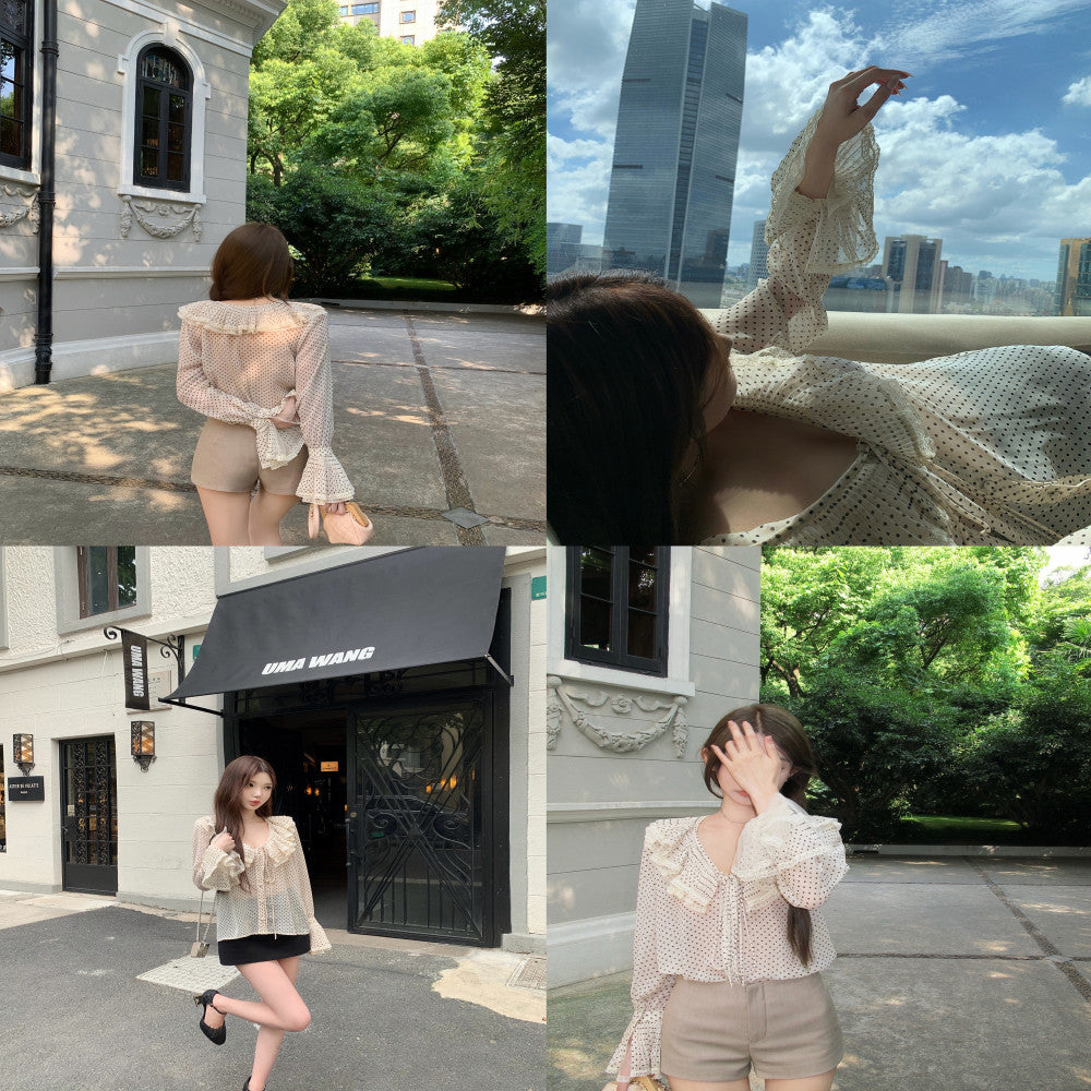 Limited stock CHICYOU polka dot long sleeved V neck shirt lotus leaf lace collar bow chiffon shirt image 5