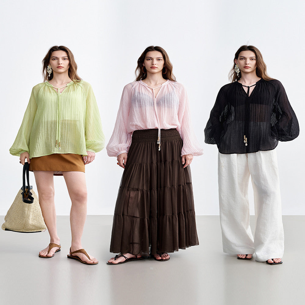 ROSELINGLING Midsummer Commuting Series Breathable Wrinkled Hemp Shoulder Lantern Sleeve Hand Woven Rope Top image 2