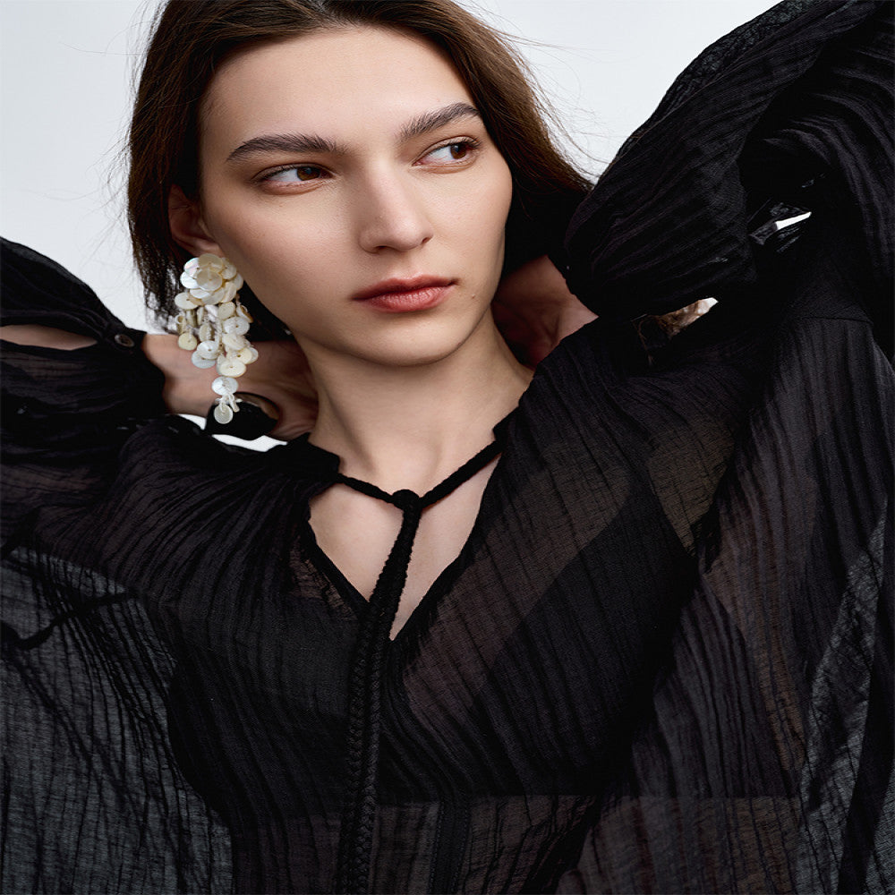 ROSELINGLING Midsummer Commuting Series Breathable Wrinkled Hemp Shoulder Lantern Sleeve Hand Woven Rope Top image 4