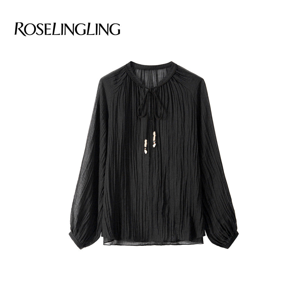 ROSELINGLING Midsummer Commuting Series Breathable Wrinkled Hemp Shoulder Lantern Sleeve Hand Woven Rope Top image 7