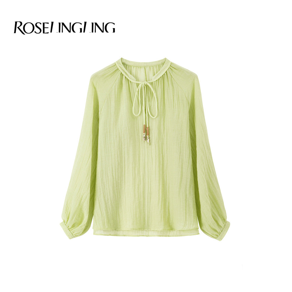 ROSELINGLING Midsummer Commuting Series Breathable Wrinkled Hemp Shoulder Lantern Sleeve Hand Woven Rope Top image 16