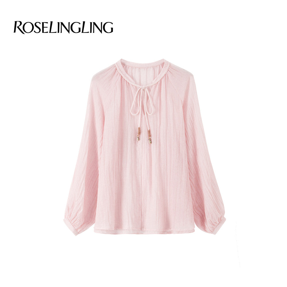ROSELINGLING Midsummer Commuting Series Breathable Wrinkled Hemp Shoulder Lantern Sleeve Hand Woven Rope Top image 22