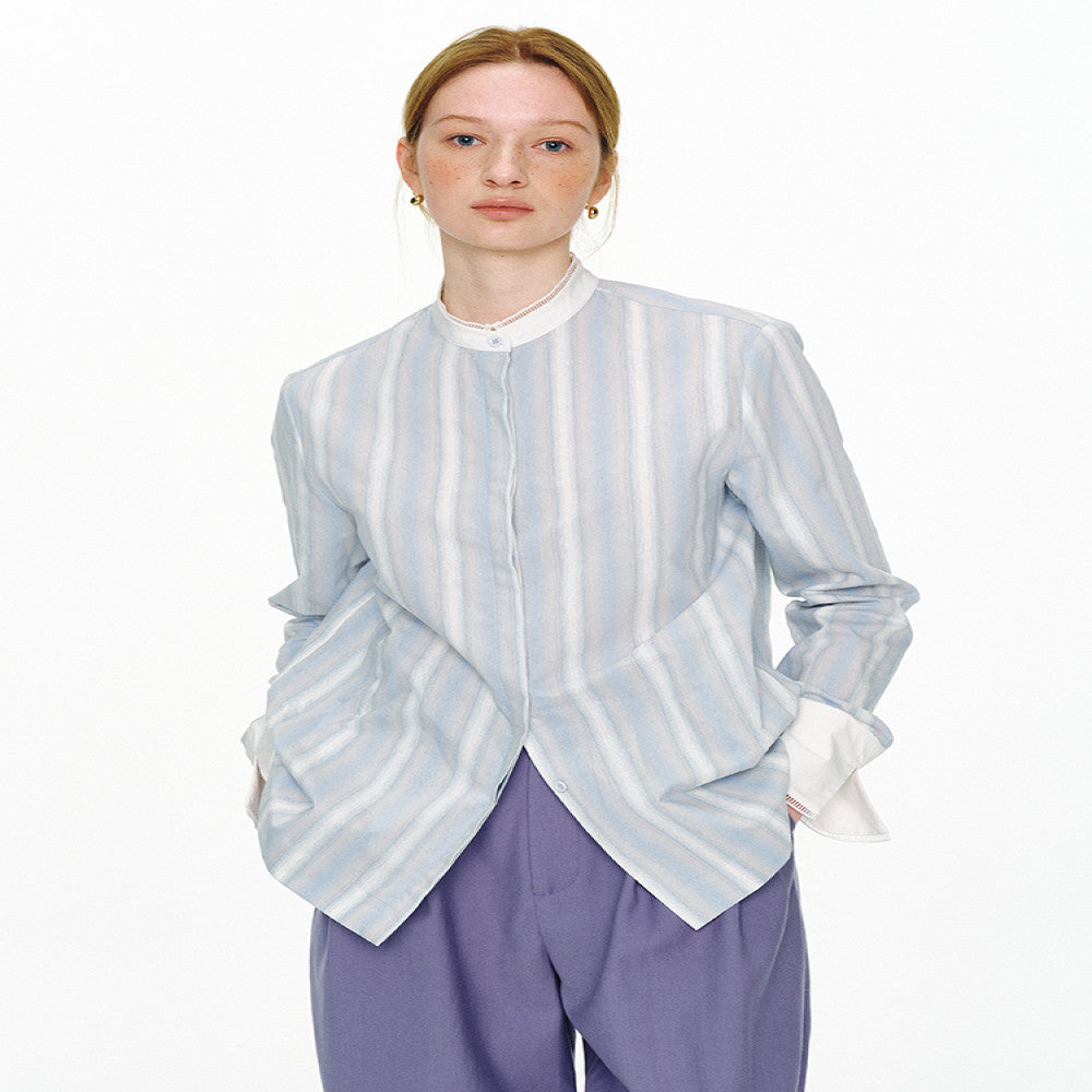 ItoshIroshI custom mulberry silk cotton blend dyed striped patchwork lace stand up collar fitted shirt image 2