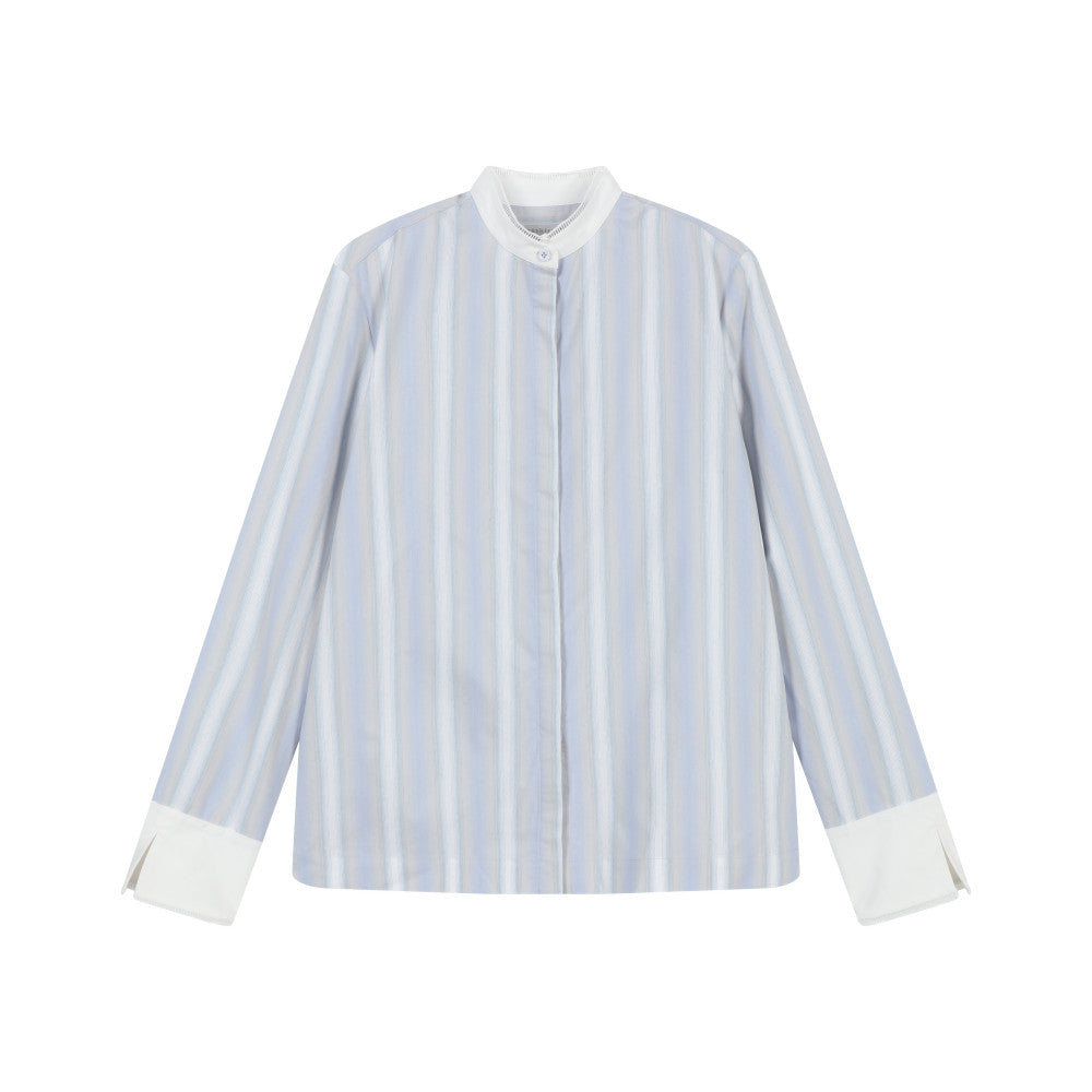 ItoshIroshI custom mulberry silk cotton blend dyed striped patchwork lace stand up collar fitted shirt image 8