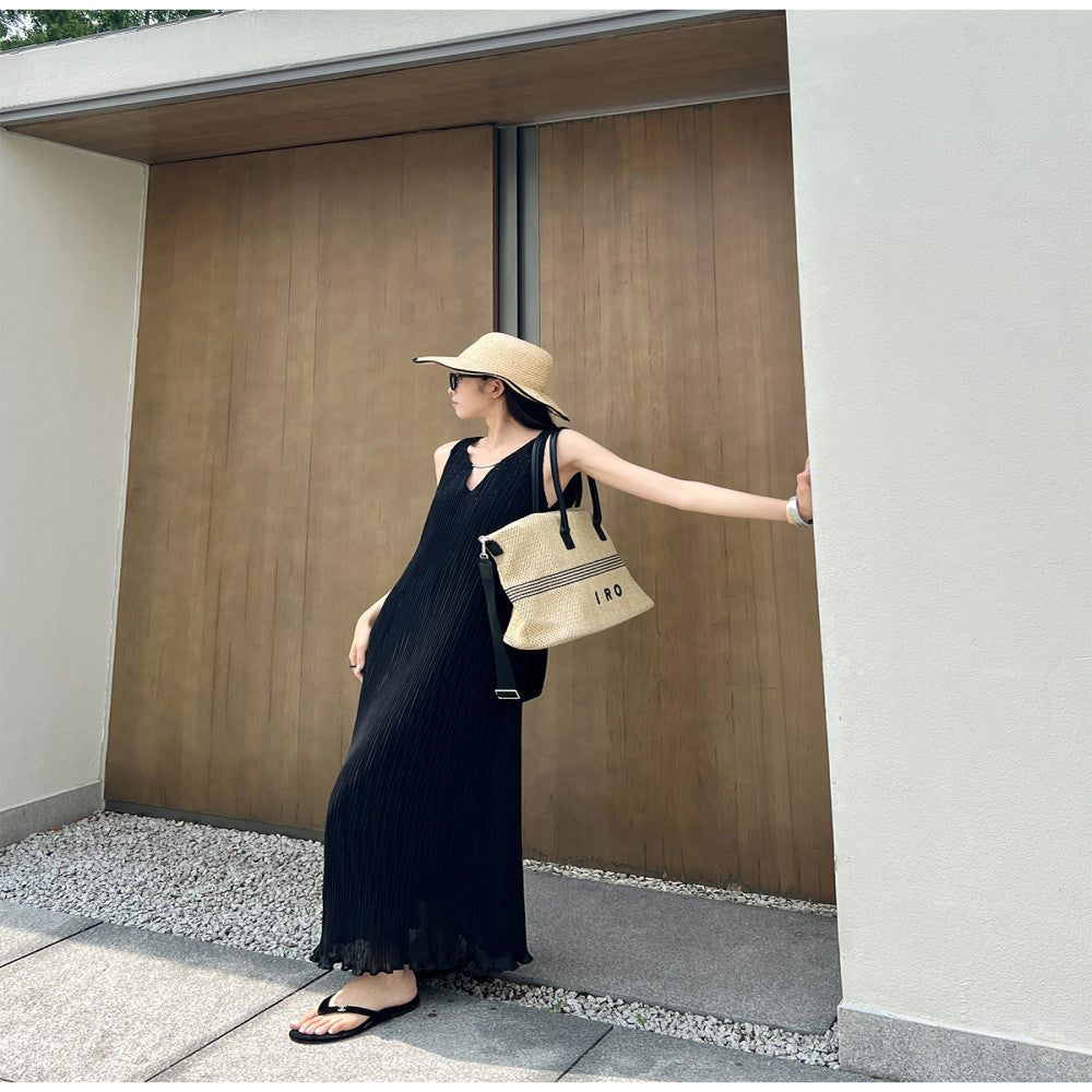 PAPERLLL Xinjian agile and lightweight French vacation style pleated sleeveless dress for women s summer loose A line skirt image 4