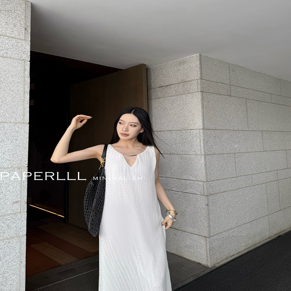 PAPERLLL Xinjian agile and lightweight French vacation style pleated sleeveless dress for women s summer loose A line skirt image 6