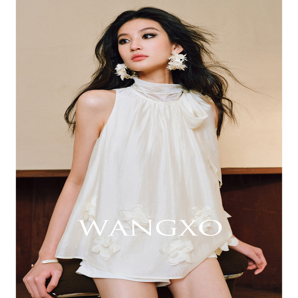 WANGXO Luxury brand high end Tencel acetate Heavy duty handmade nail flower French loose ribbon sleeveless top image 2
