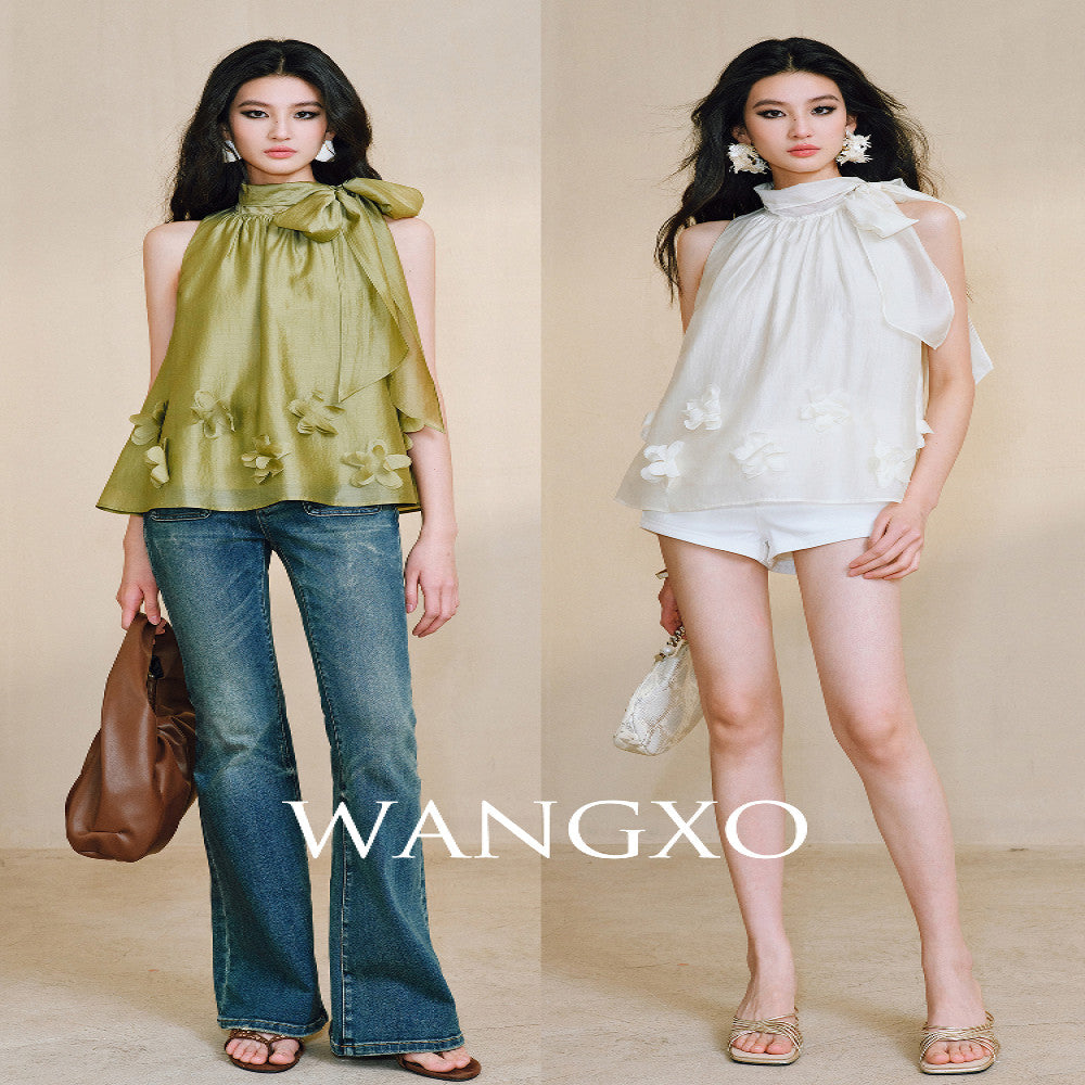 WANGXO Luxury brand high end Tencel acetate Heavy duty handmade nail flower French loose ribbon sleeveless top image 3