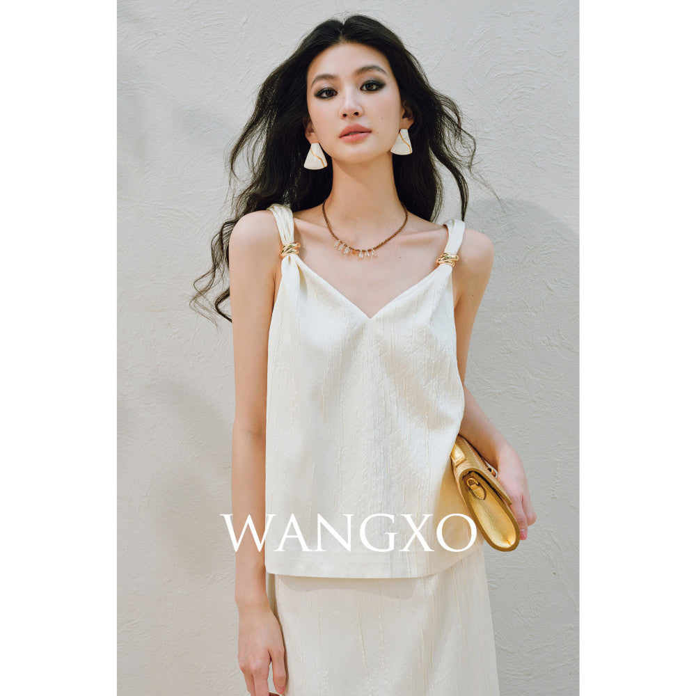 WANGXO High Ding Heavy Industry pleated satin Lazy and distinguished metal shoulder loop loose topu0026straight half skirt image 23