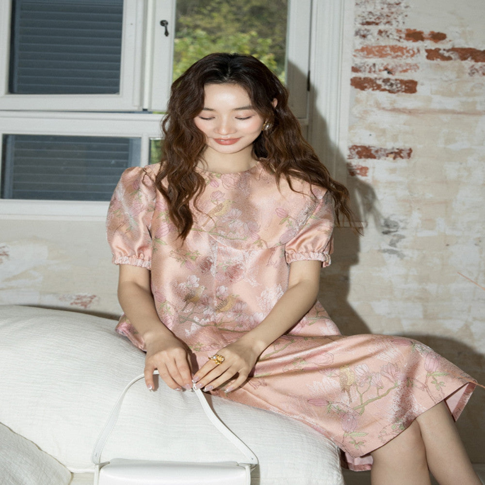 Fortune Pink Jacquard Retro Loose Aging Set Design Sense Short Sleeve Top Small Half Body Skirt 2850 image 4