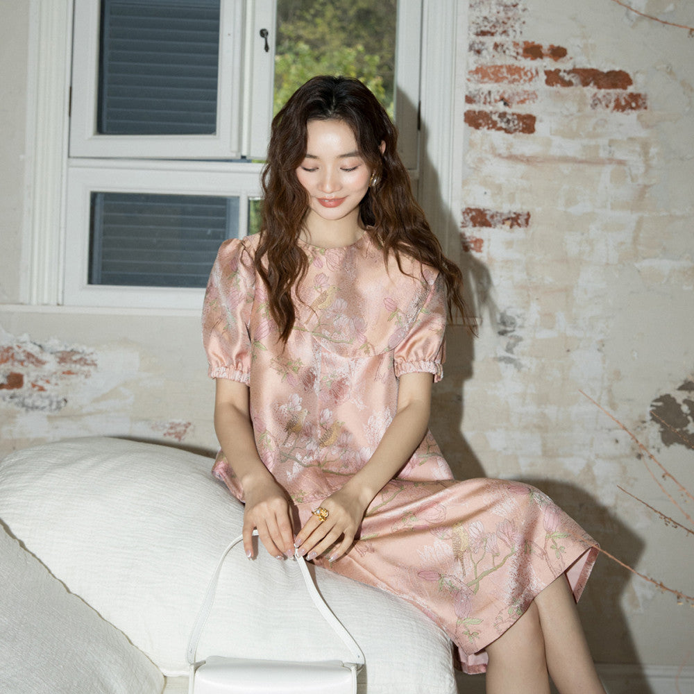 Fortune Pink Jacquard Retro Loose Aging Set Design Sense Short Sleeve Top Small Half Body Skirt 2850 image 12