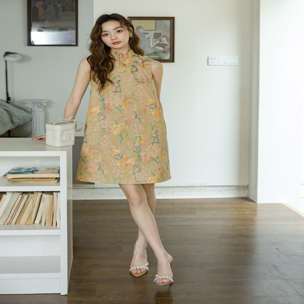 Sleeveless short style retro daily jacquard Hong Kong style qipao 2865 Chinese style heavy industry socialite light luxury dress image 1